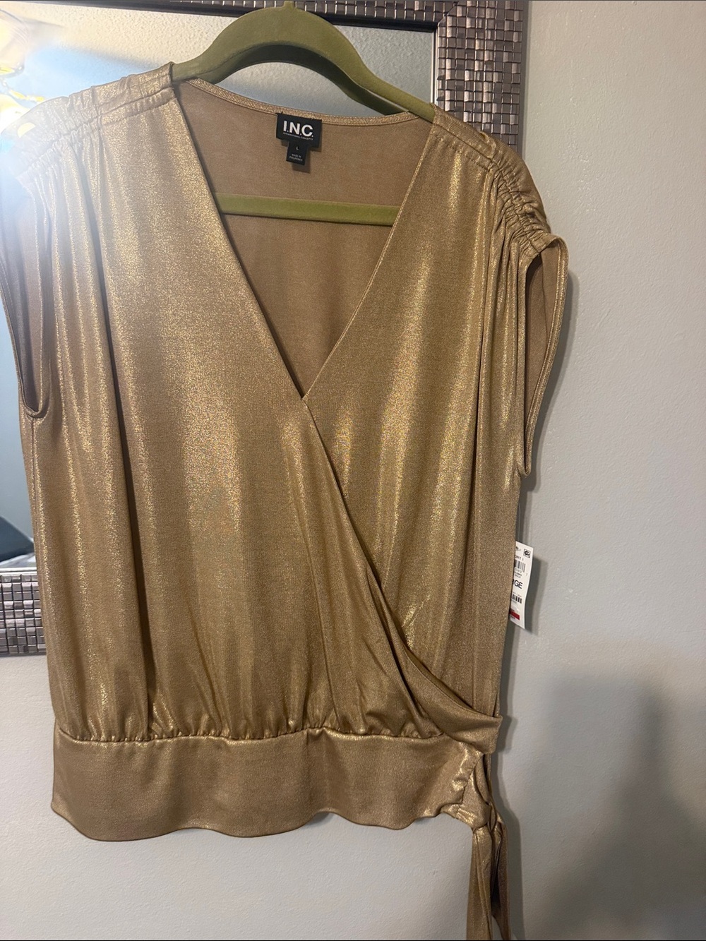 INC International Concepts Metallic Gold Wrap-Style Sleeveless Blouse